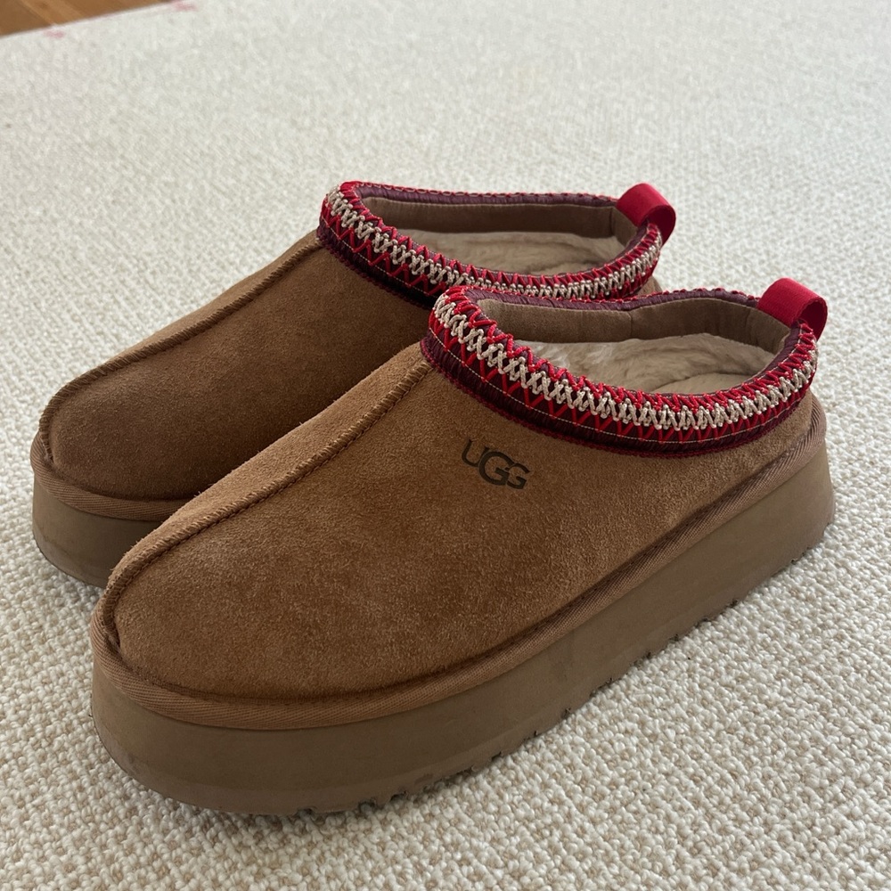 UGG Brown Suede Slip-On Shoes with Red Trim